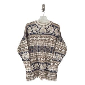 Express Vintage Women’s Oversized Long Sleeve Beige Teal Patterned Sweater Sz S